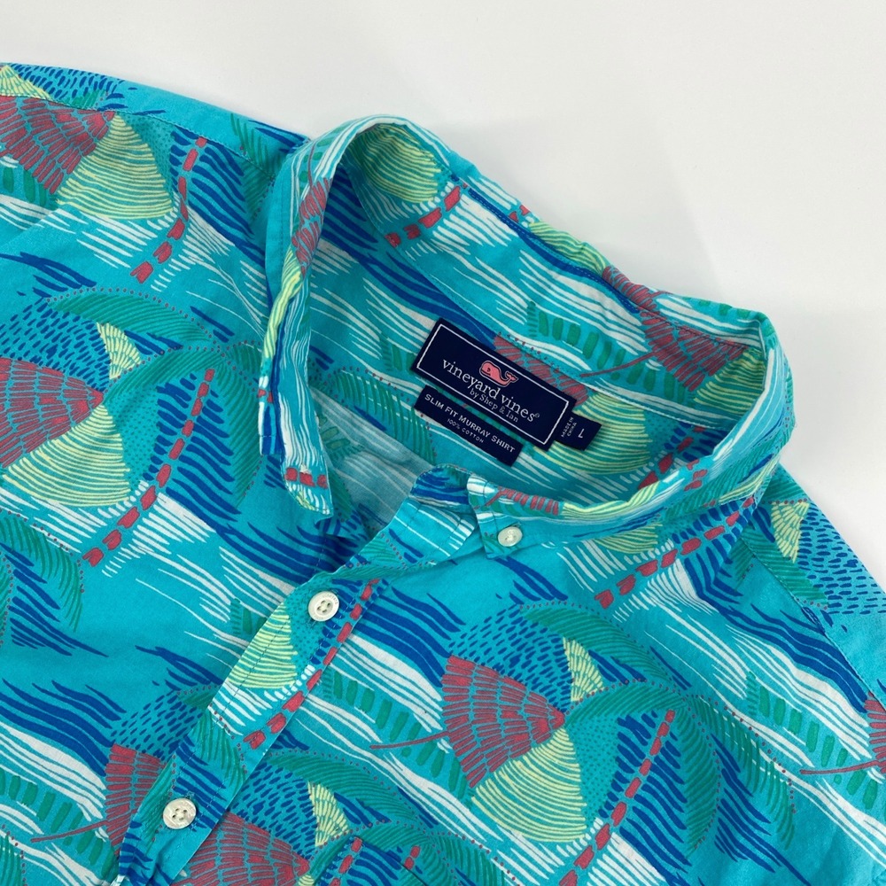 Vineyard Vines Murray Shirt Mens Large Blue Tropical Palm Tree Slim Fit Beach